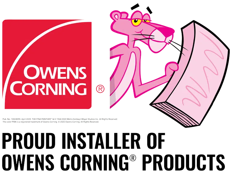 A banner showing that Marshall's is a proud installer of Owens Corning products, with Pink Panther.