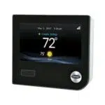 A model of a Carrier smart thermostat on a white background.