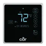 A model of a Carrier smart thermostat on a white background.