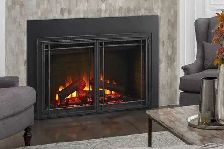 An image showcasing a new electric fireplace in an Oregon home.