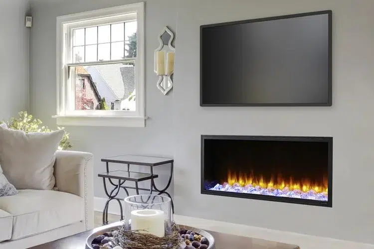 An image showcasing a new electric fireplace in an Oregon home.