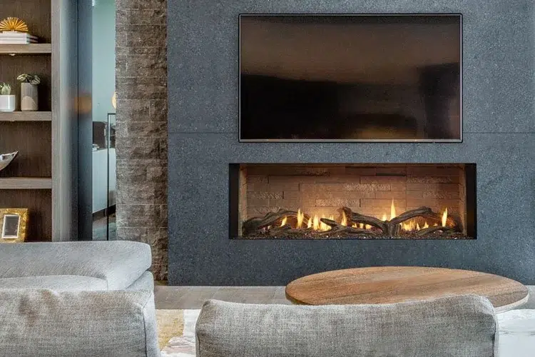 An image showcasing a new gas fireplace in an Oregon home.