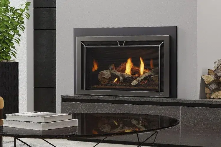An image showcasing a new gas fireplace in an Oregon home.